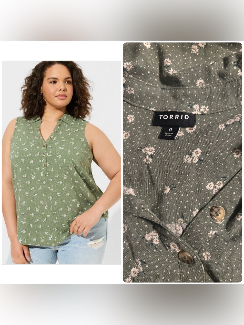 torrid Olive Green Sleeveless Floral Henley Top